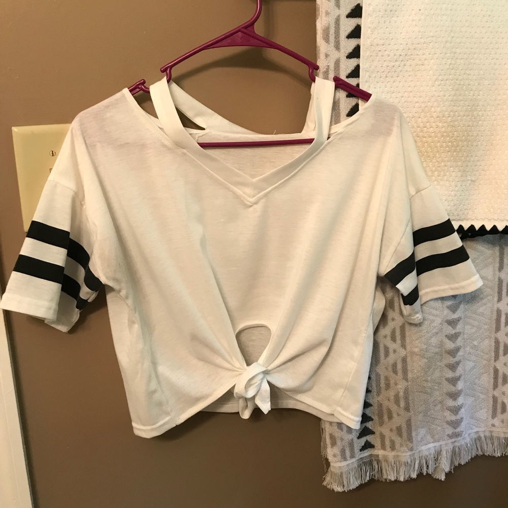 Open shoulder crop top.